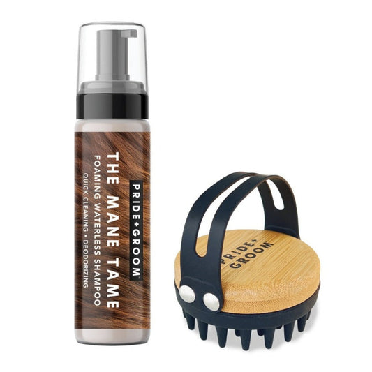 THE MID GROOM KIT — Waterless Foaming Dog & Cat Shampoo with Silicone Dog Grooming Brush with Hand Strap