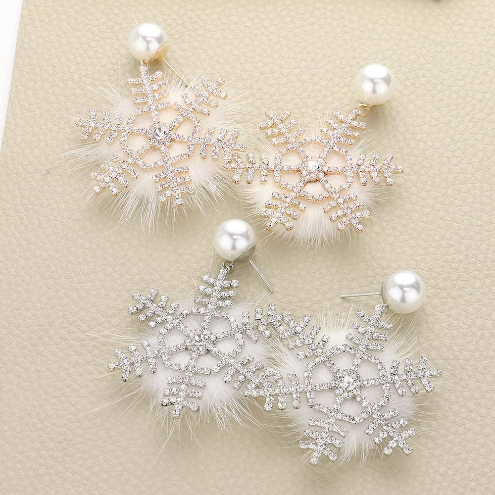 Pearl Pointed Stone Paved Snowflake Pom Pom Dangle Earrings