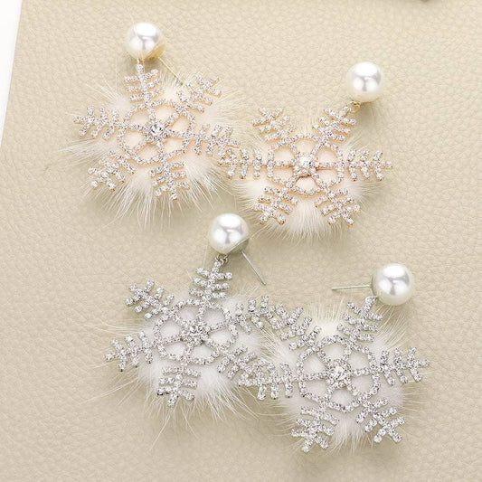 Pearl Pointed Stone Paved Snowflake Pom Pom Dangle Earrings