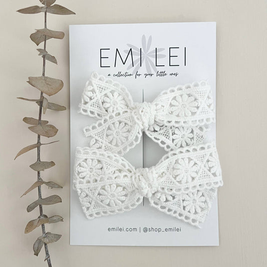 Pigtail Bow Clip Set - White Lace