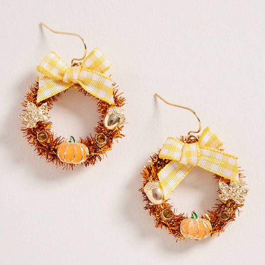 Bow Accent Fall Leaf Pumpkin Wreath Dangle Earrings