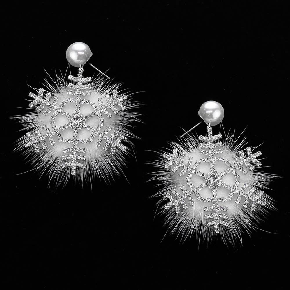 Pearl Pointed Stone Paved Snowflake Pom Pom Dangle Earrings