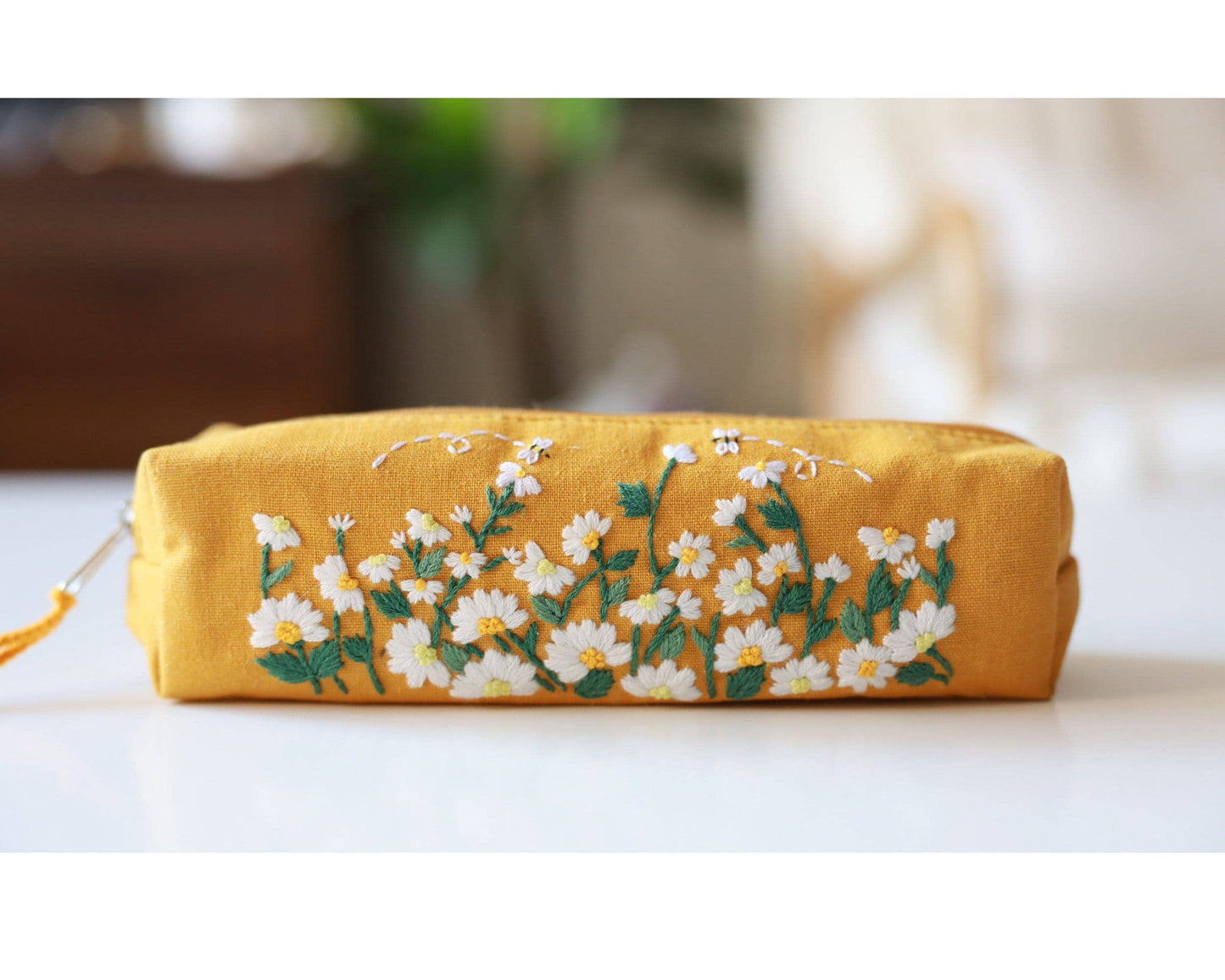 Hand Embroidered Pencil Case with Flower Embroidery