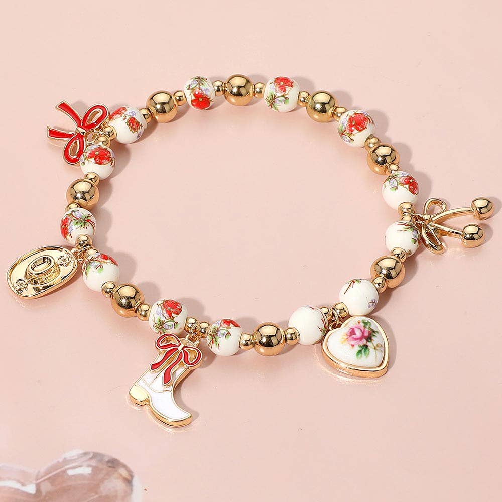 Enamel Bow Western Boot Charm Ceramic Ball Stretch Bracelet