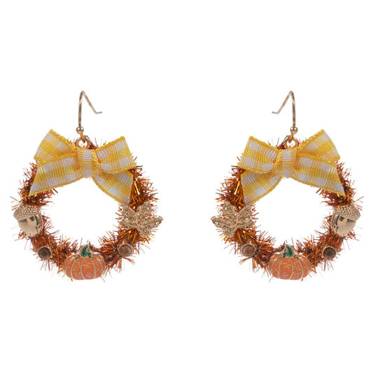 Bow Accent Fall Leaf Pumpkin Wreath Dangle Earrings