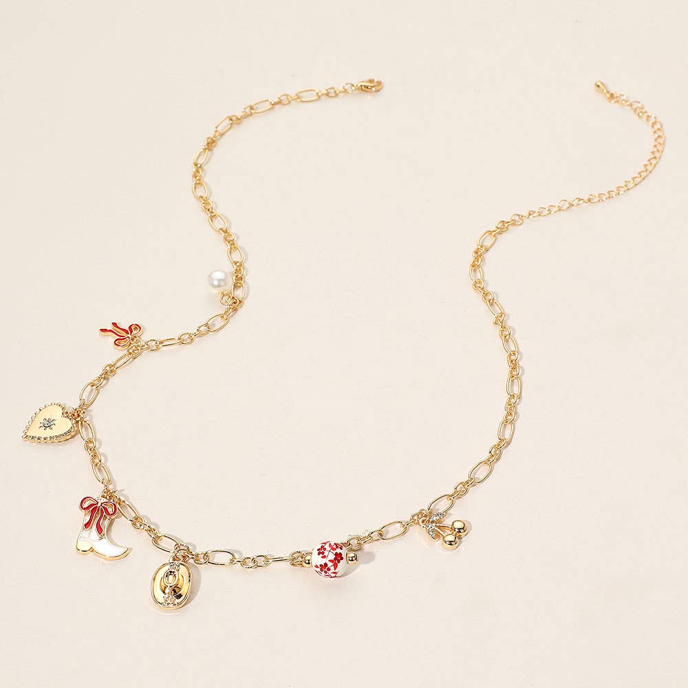 Enamel Bow Western Cowboy Boot Hat Heart Ceramic Ball Pearl Cherry Charm Station Necklace