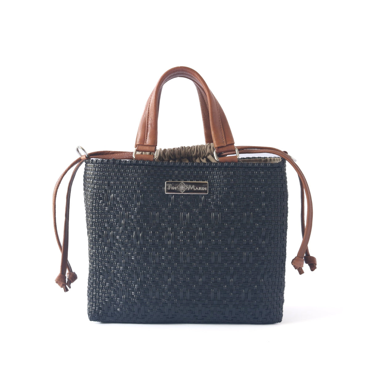 All Black Medium Woven Crossbody Drawstring Bag