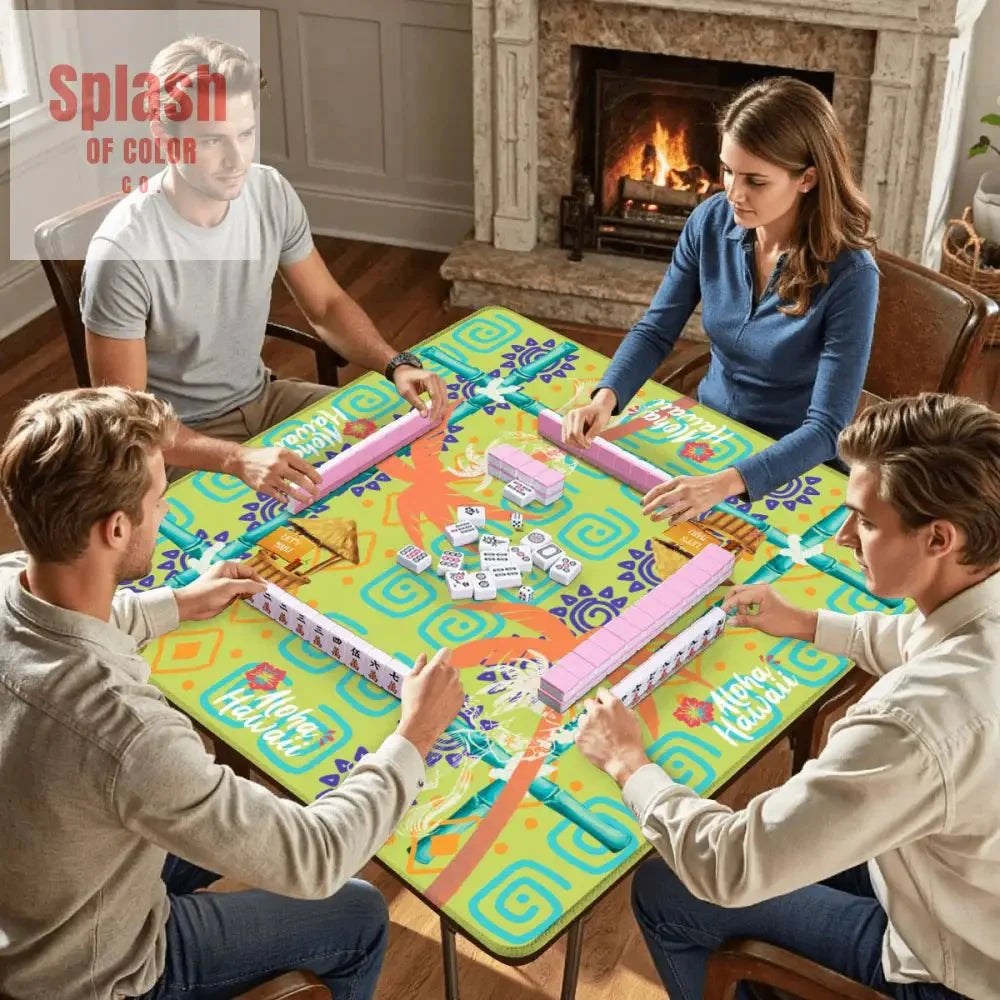 Aloha Hawaii Mahjong Mat Fun Whimsical Lime Green Orange Polynesian Mahj Mat