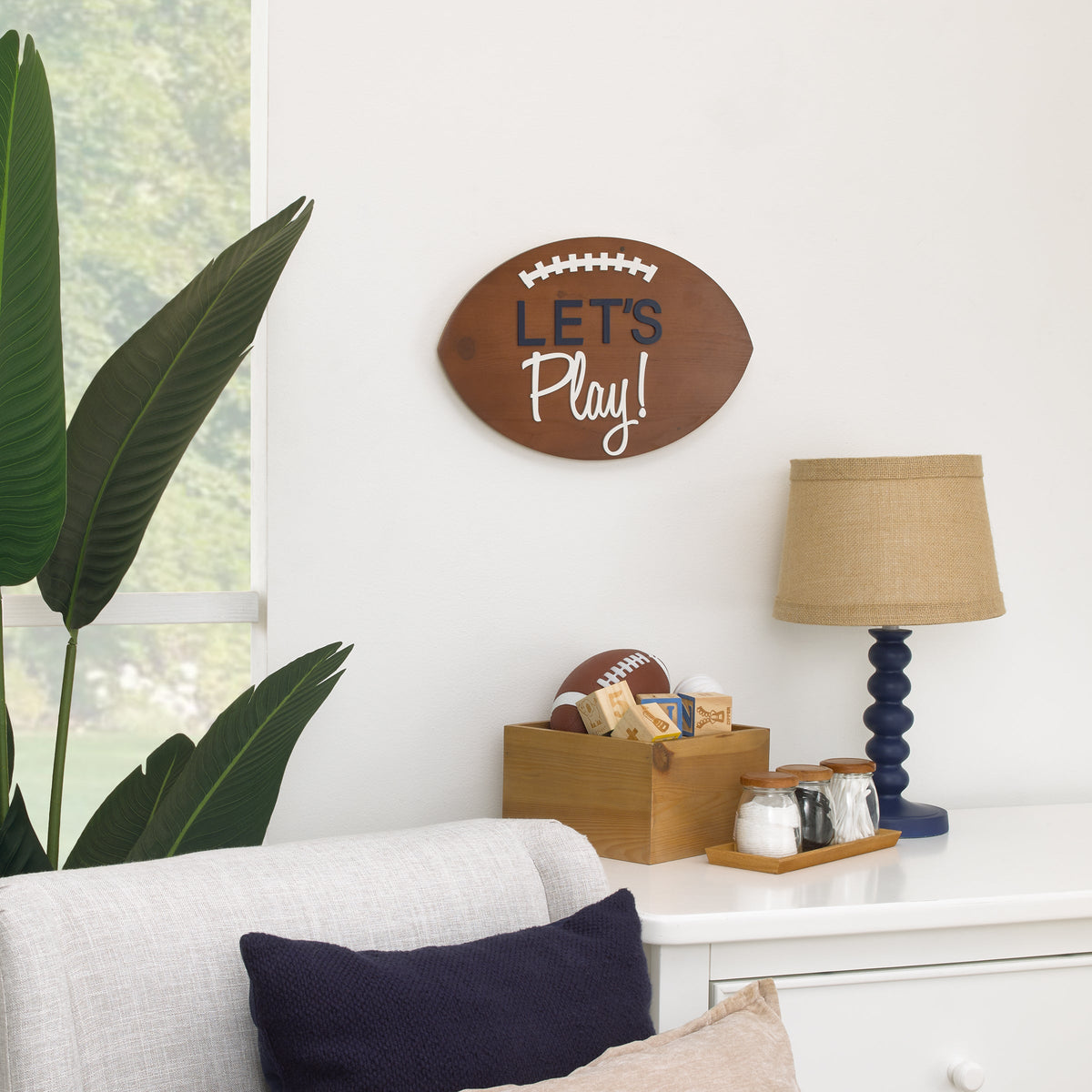 Football Shaped Let's Play Brown and White Wood Wall Decor