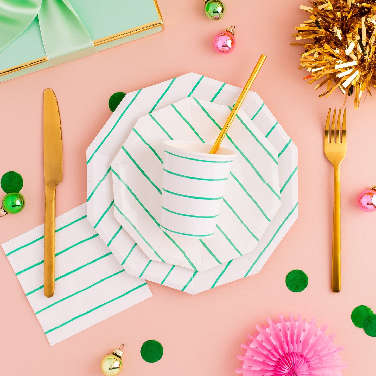 Aqua Green Striped Paper Napkins