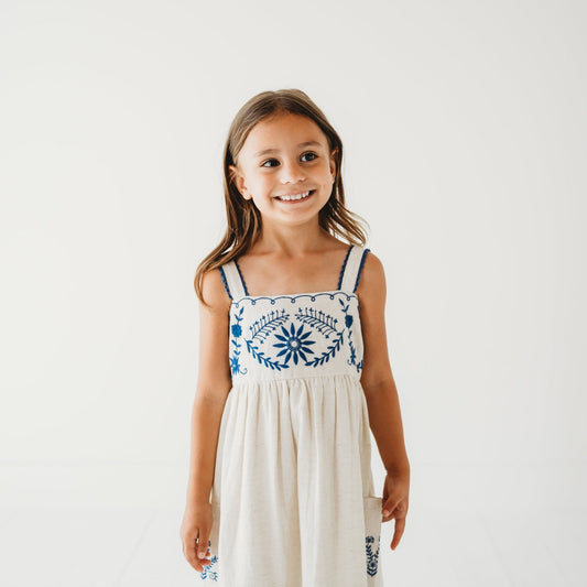 Azurea Hand-Embroidered Linen Dress | Artisan Floral Heirloom