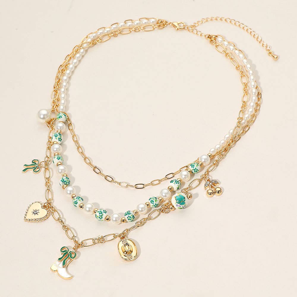 Western Cowboy Boot Hat Bow Cherry Heart Charm Station Pearl Floral Ceramic Ball Beaded Layered Necklace