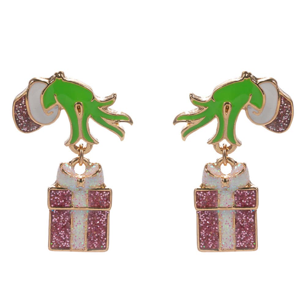 Grinch Green Monster Hand Holiday Gift Box Dangle Earrings