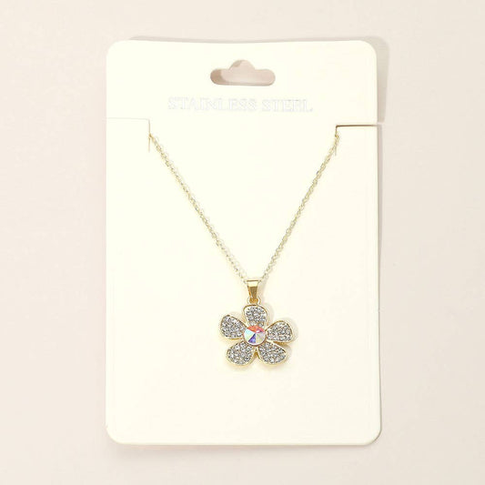 Stainless Steel Stone Paved Flower Pendant Necklaces