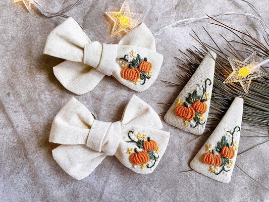 Pumpkin Embroidered Hair Barrette & Hair Bow, Halloween