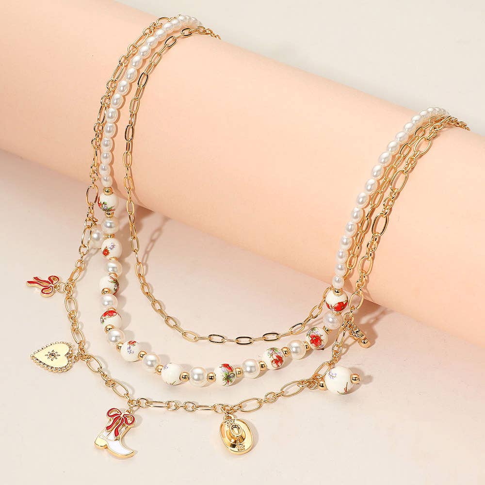 Western Cowboy Boot Hat Bow Cherry Heart Charm Station Pearl Floral Ceramic Ball Beaded Layered Necklace