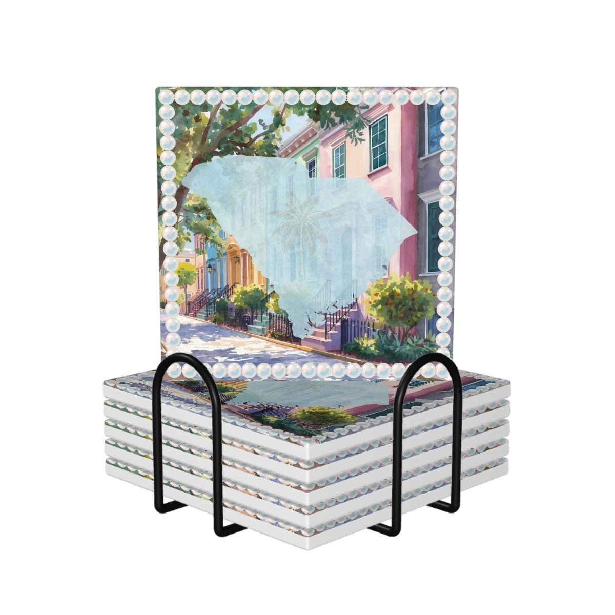 Charleston South Carolina Preppy Rainbow Row Square Ceramic Coasters