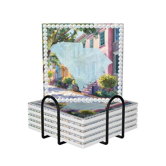 Charleston South Carolina Preppy Rainbow Row Square Ceramic Coasters