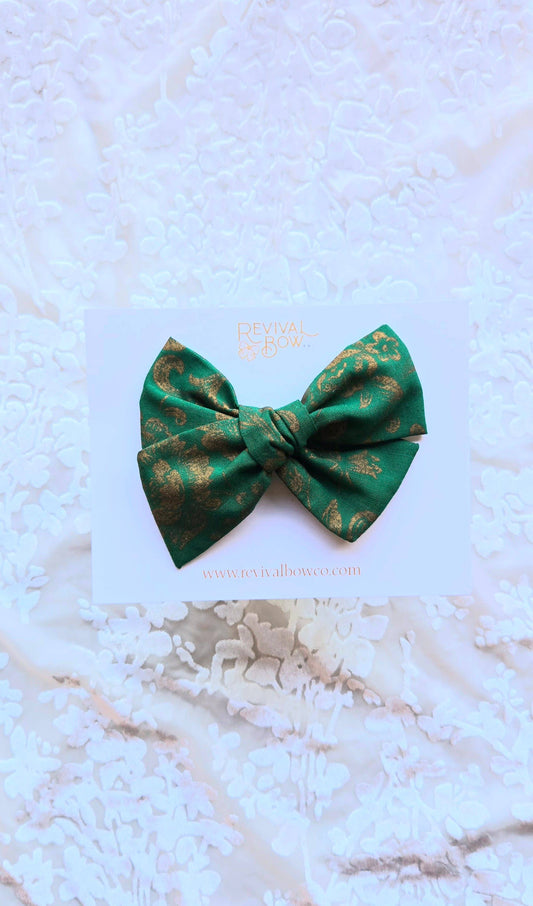 Large Handtied Bow on Clip• Gilded Green