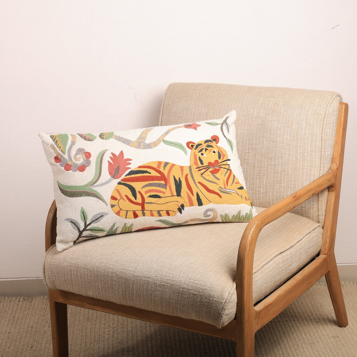 Floral Safari Tiger Pillow | 24x14" | Cotton Fabric