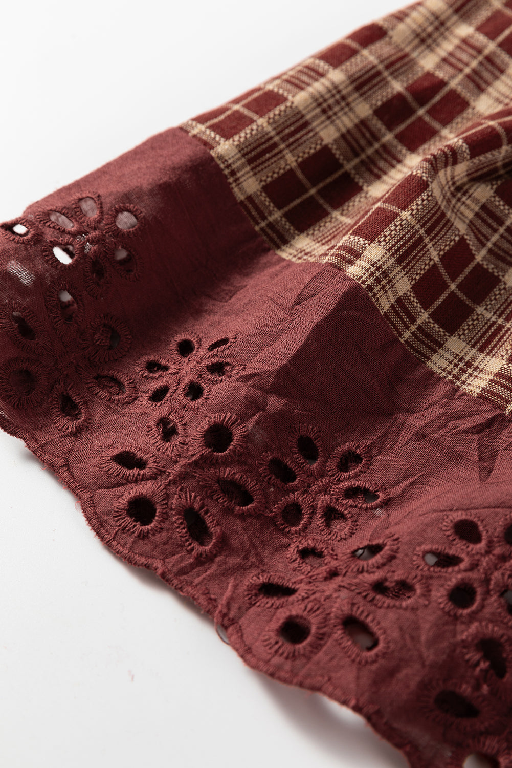 Plaid Eyelet Lace Trim Buttoned Long Sleeve Shirt