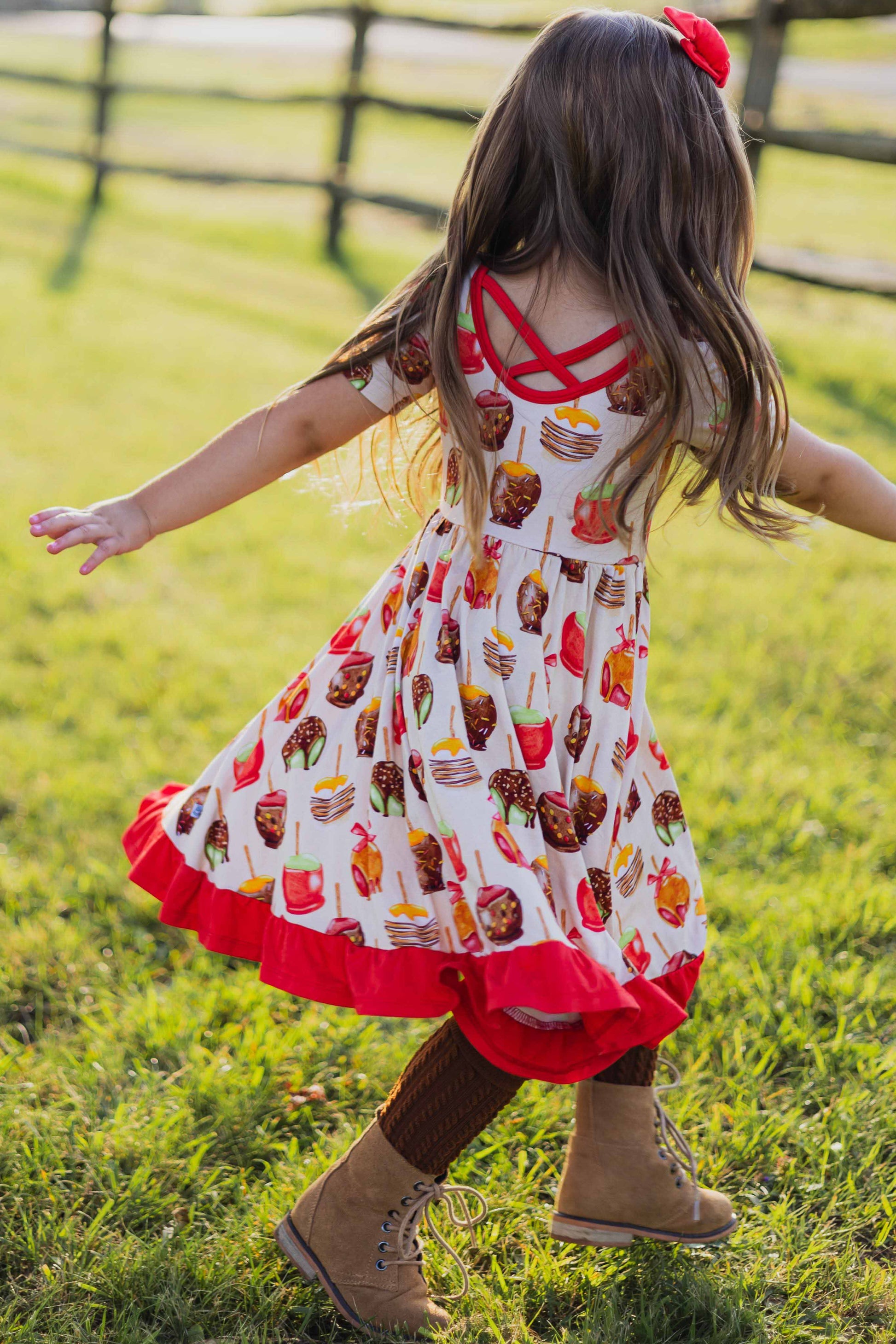 yellow dress with red apples made the tails and ears outta felt, and painted some red apples onto a yellow dress for the mrs. fox print