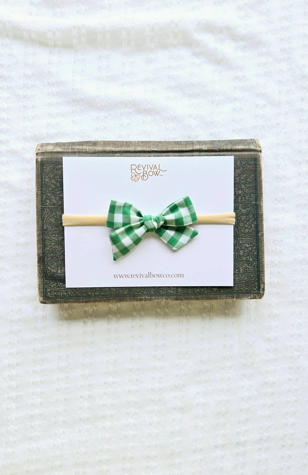 Mini Pinwheel Bow on Headband • Vintage Green Gingham