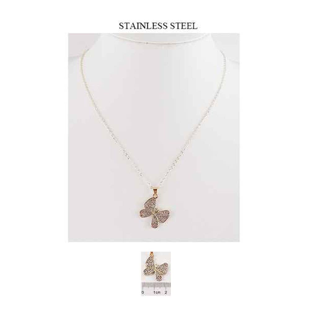 Stainless Steel Stone Paved Butterfly Pendant Necklaces