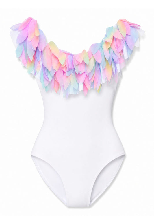 Womens White Draped Swimsuit with Petals