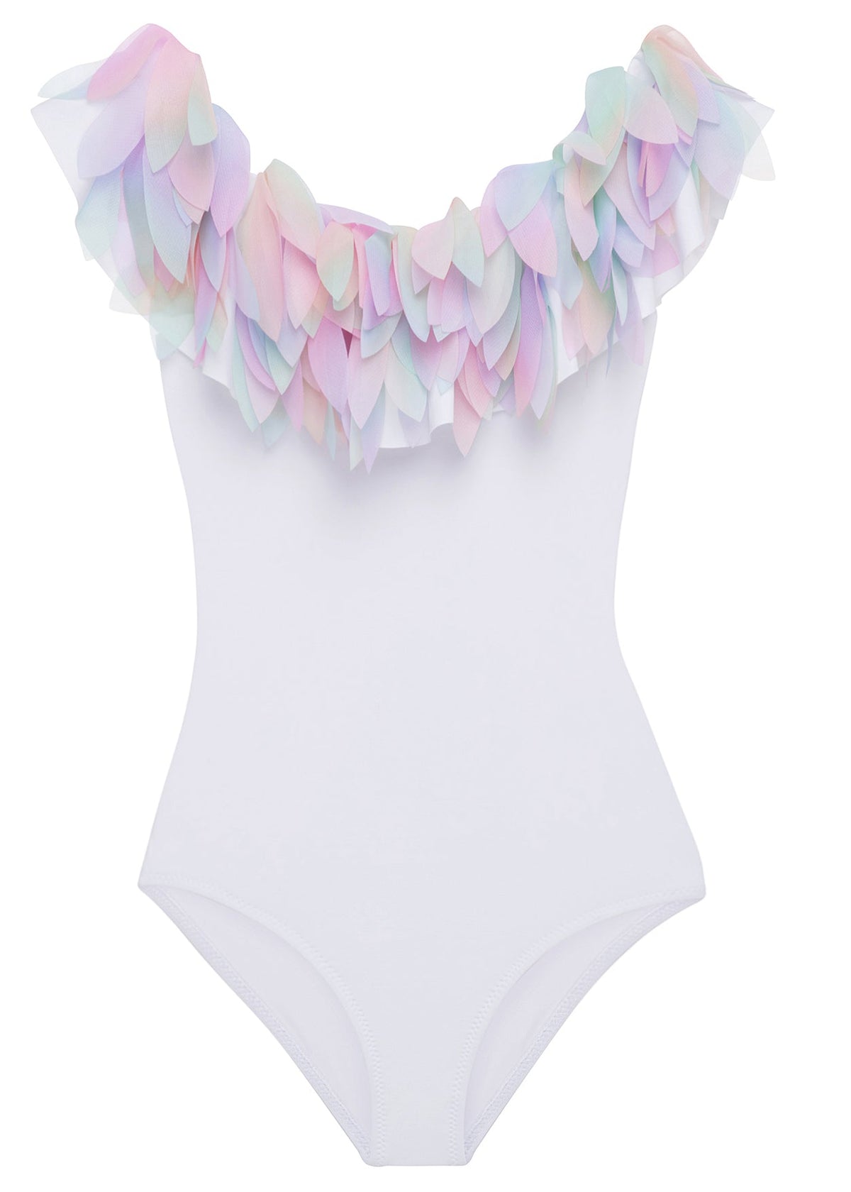Womens White Draped Swimsuit with Petals