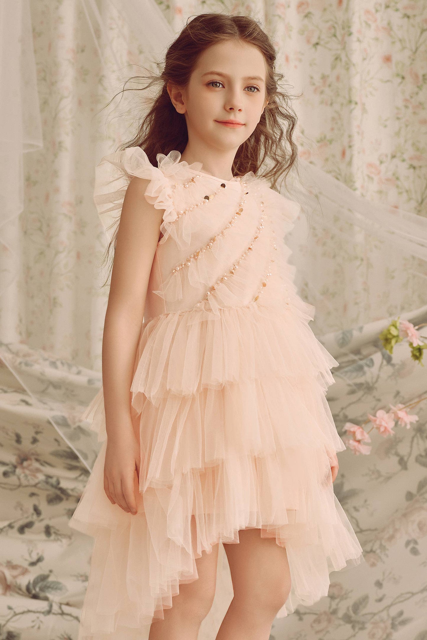 Elegant Pearls Flutter Sleeves Toddler Dress
