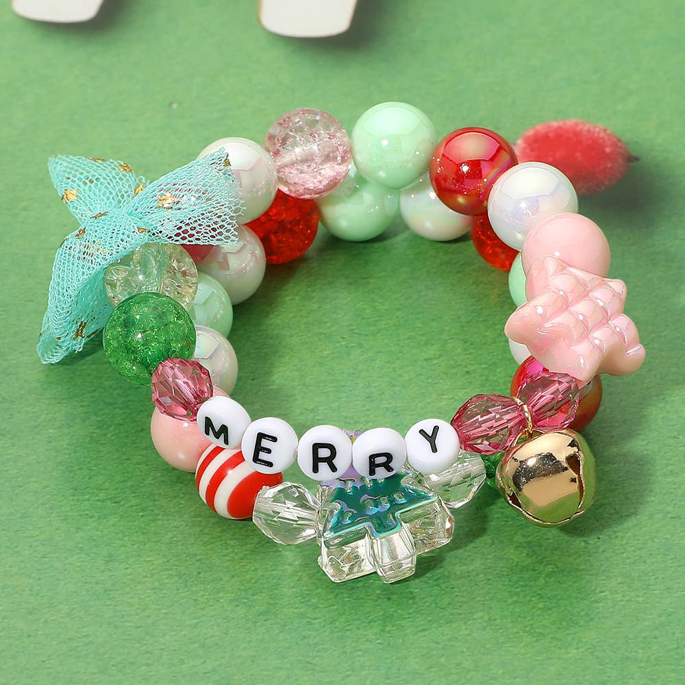MERRY Star Christmas Tree Bow Beaded Stretch Multi Layered Bracelets