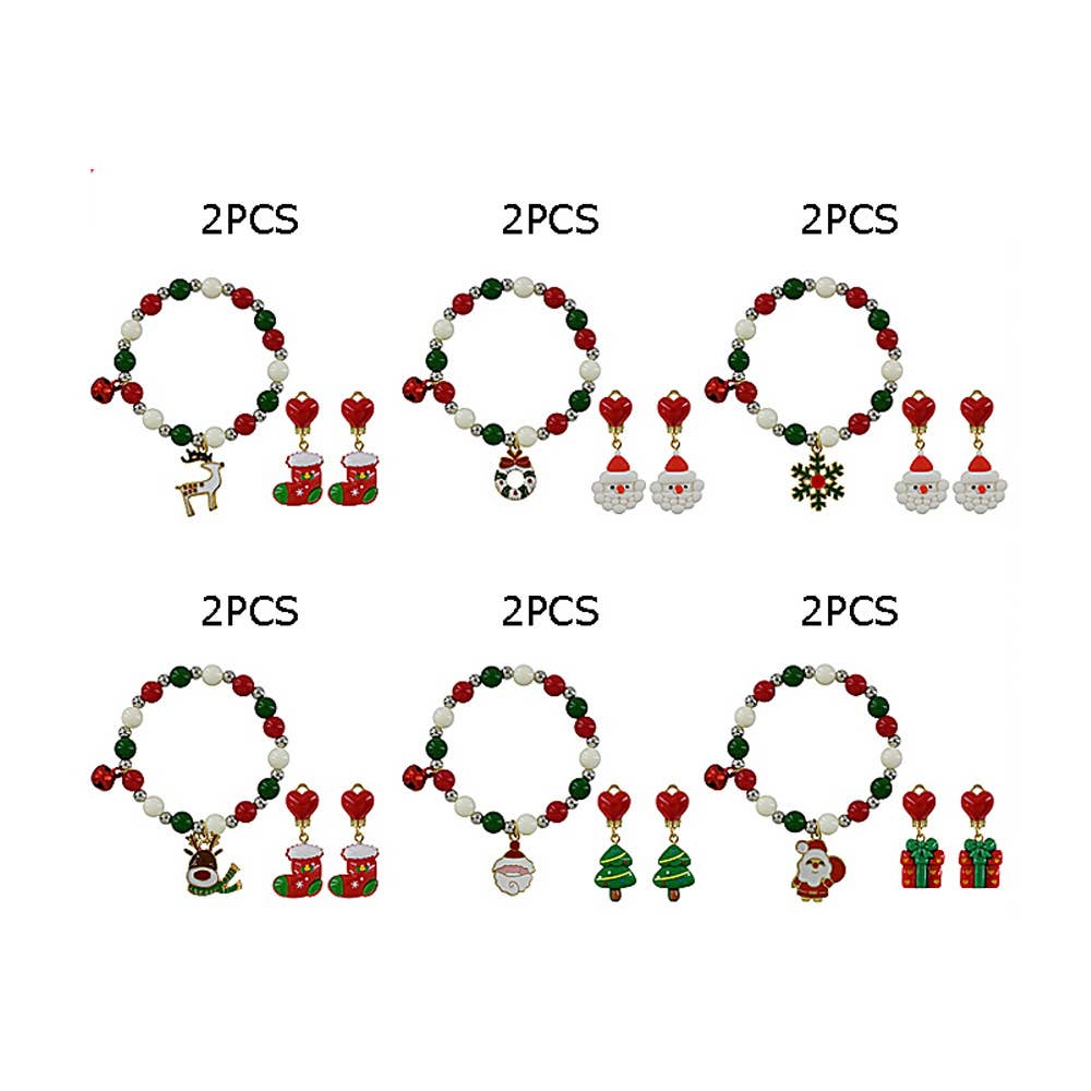 Christmas Charm Beaded Stretch Bracelet Earring Sets