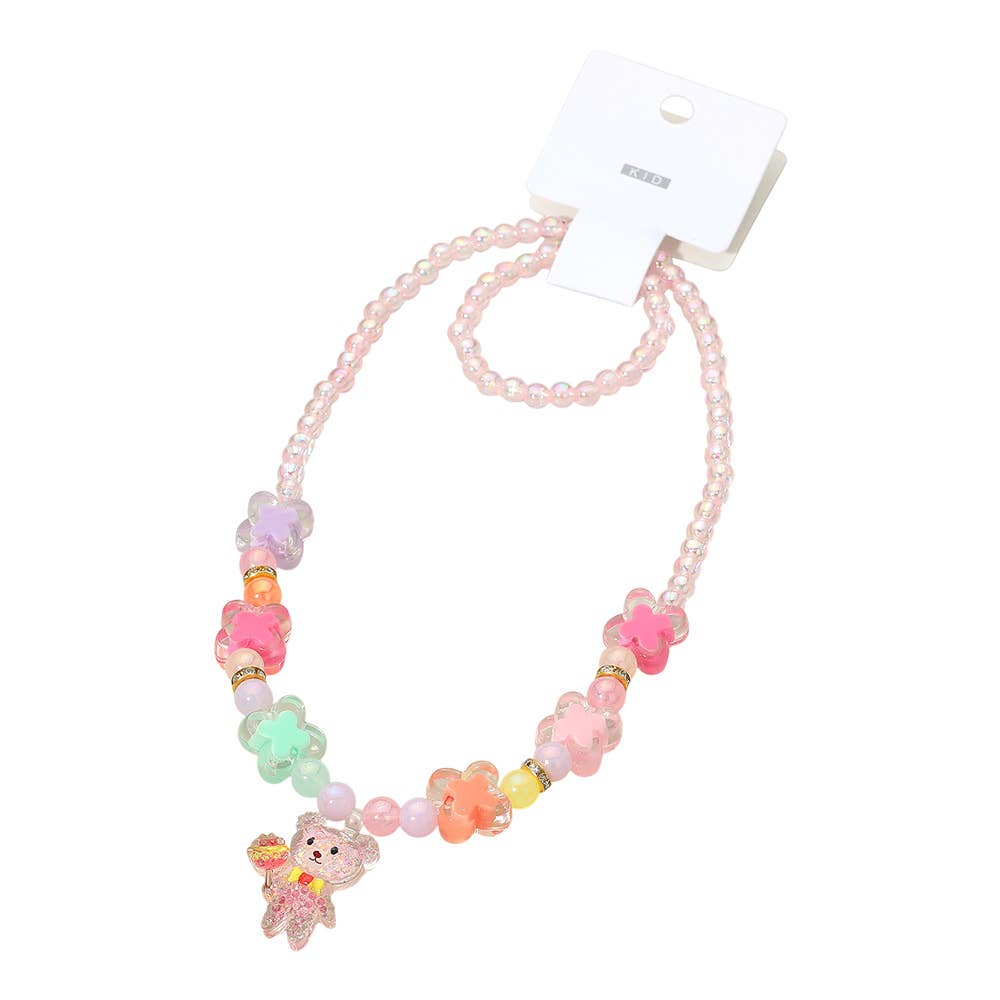 Kids Teddy Bear Pendant Flower Beaded Jewelry Set