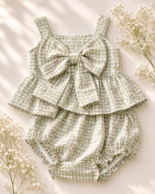 Birdie Bow Front Top & Bloomer Set - Antique Rosette Gingham