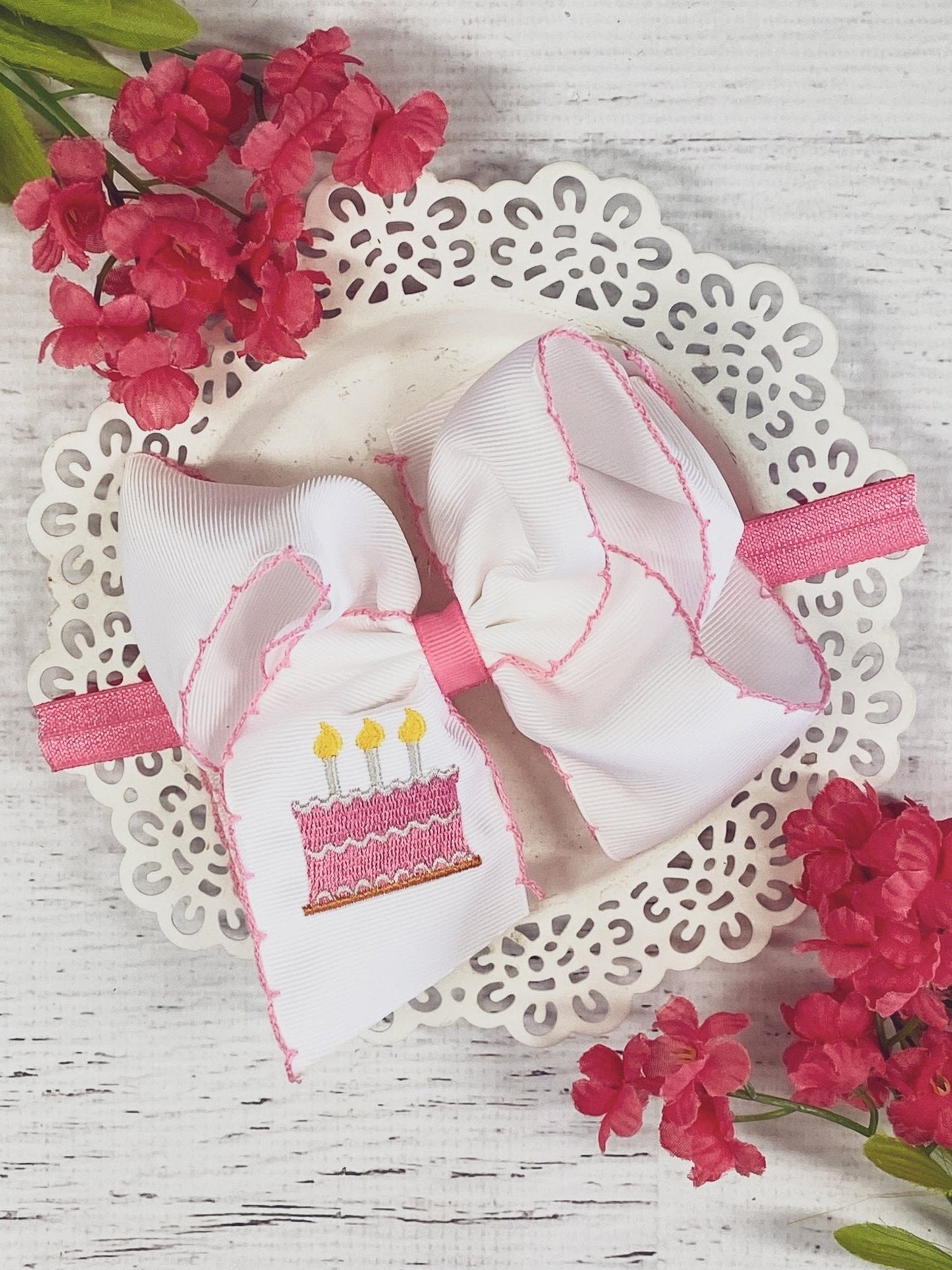 Birthday Cake Embroidered Moonstitch Hair Bow