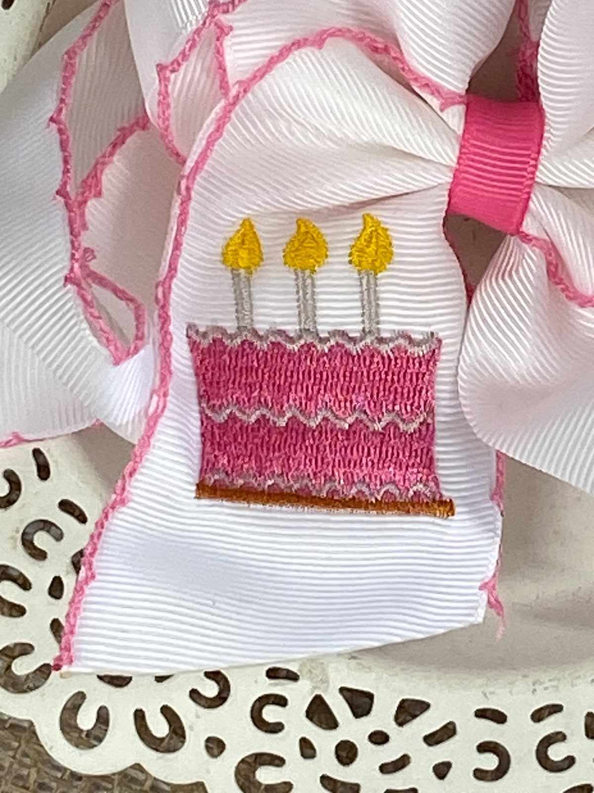 Birthday Cake Embroidered Moonstitch Hair Bow