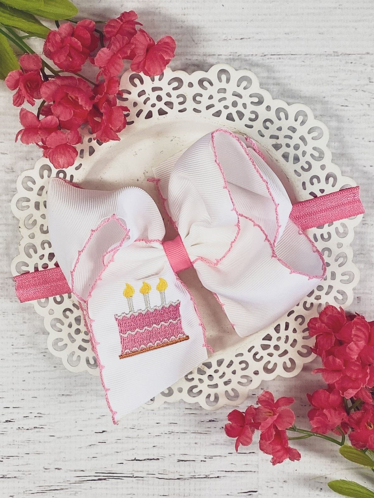 Birthday Cake Embroidered Moonstitch Hair Bow