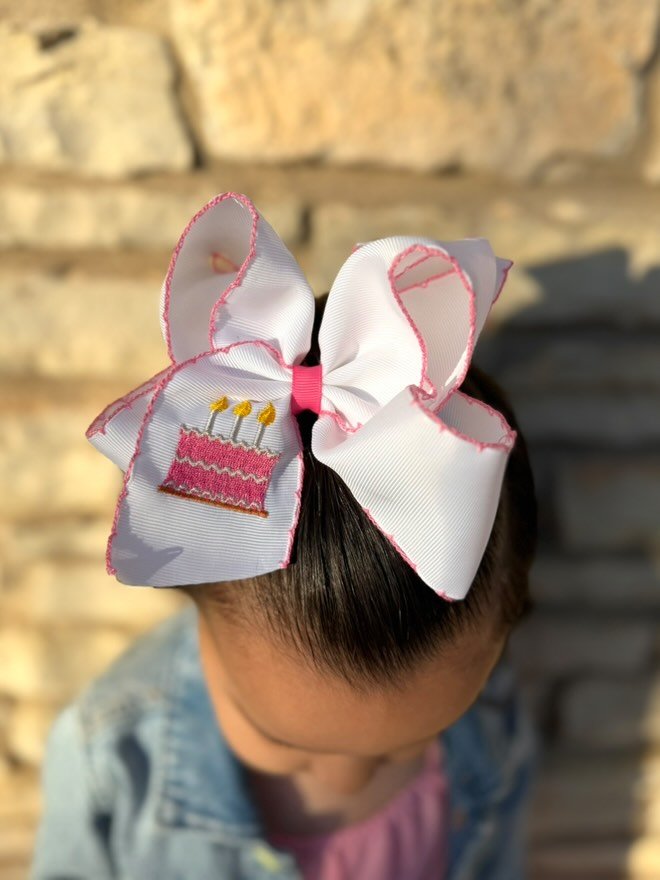 Birthday Cake Embroidered Moonstitch Hair Bow