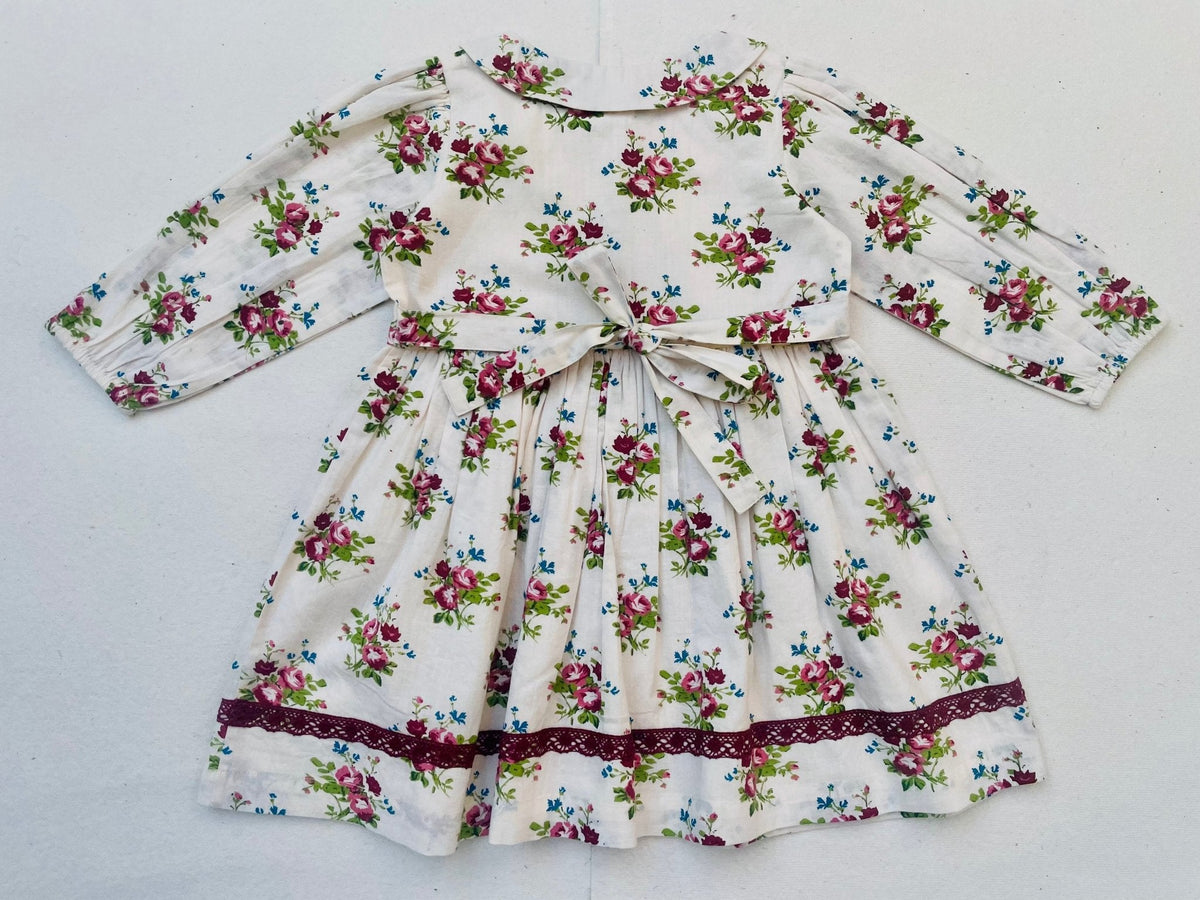 Bunch Floral Printed Girl's Cotton Dress with Crimson Lace