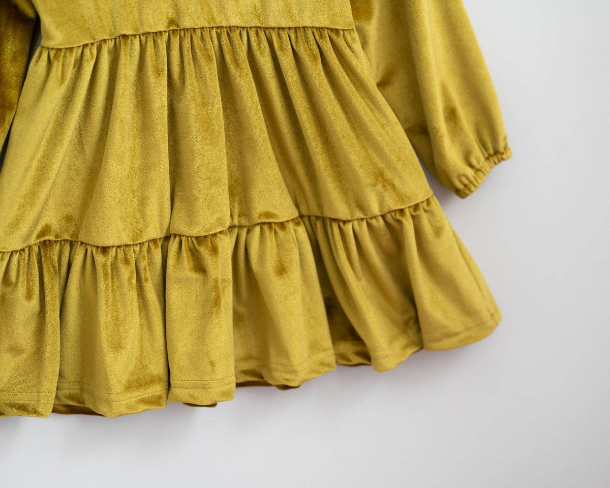 Groovy Velvet Gemstone Girls Dress in Greenish Gold