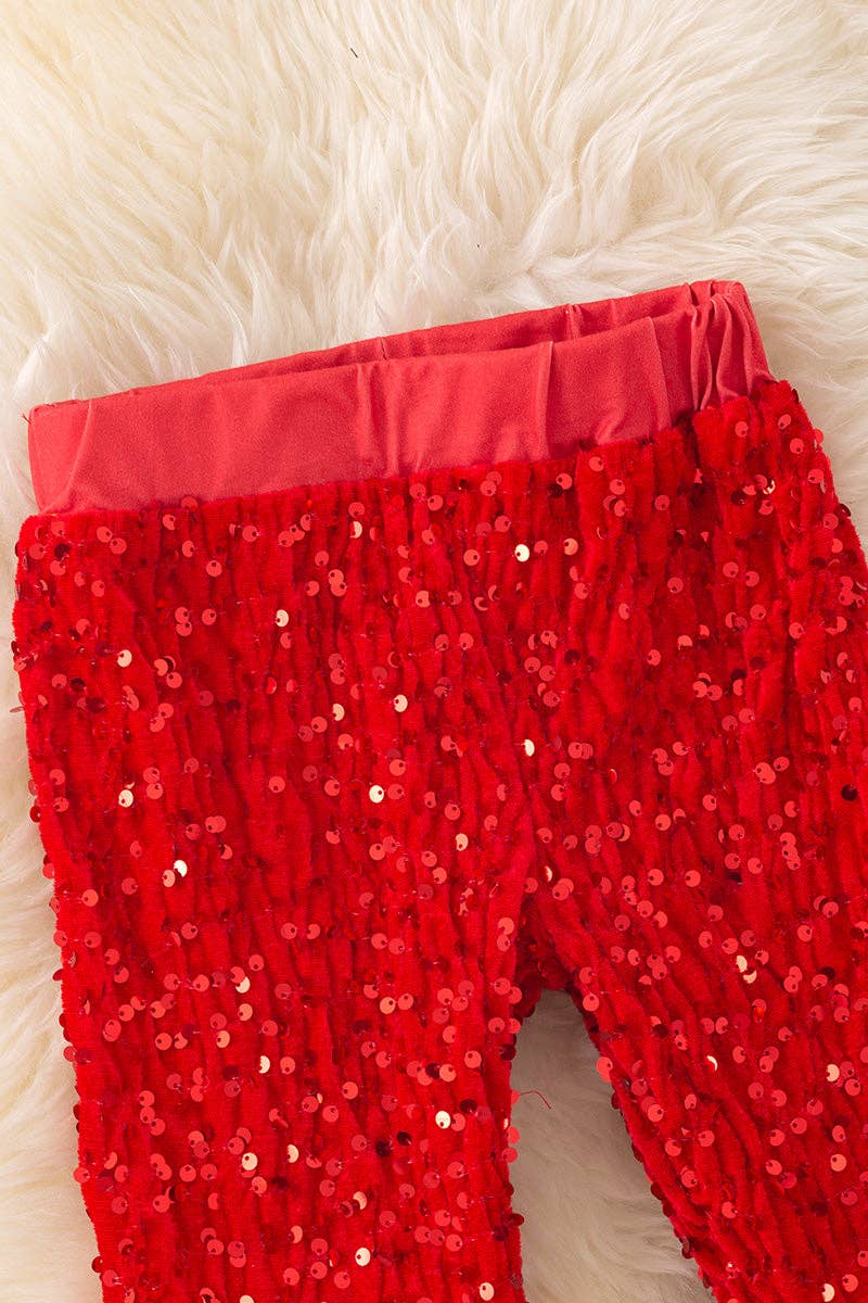 Red sequins bell bottoms with faux fur trim