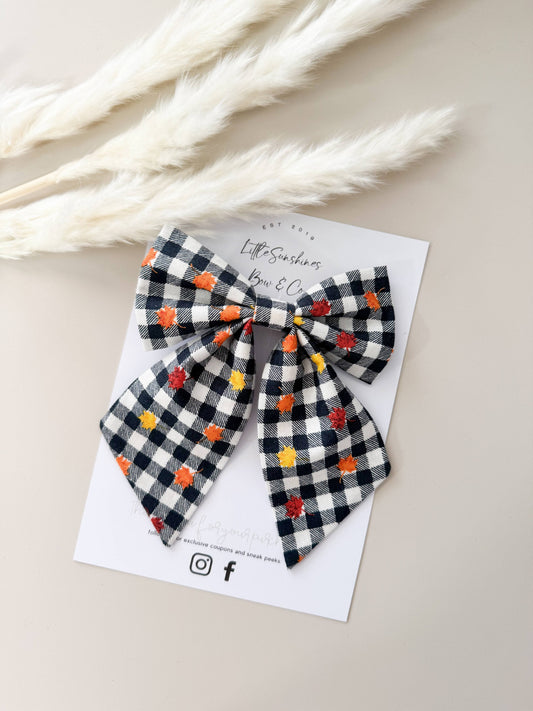 Navy Plaid with Leaves Fall Sailor Bow