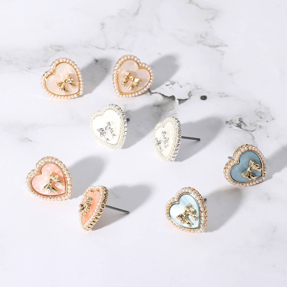 Pearl Paved Rim Metal Bow Pointed Enamel Heart Stud Earrings