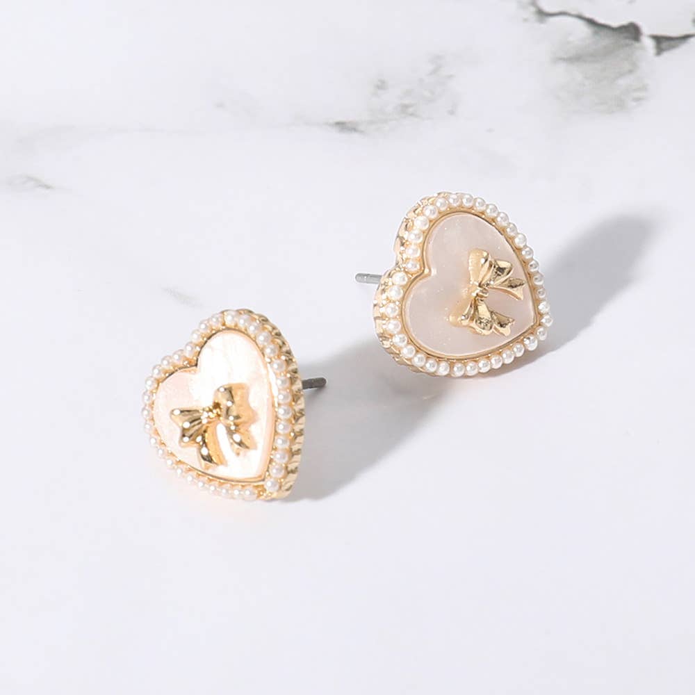 Pearl Paved Rim Metal Bow Pointed Enamel Heart Stud Earrings