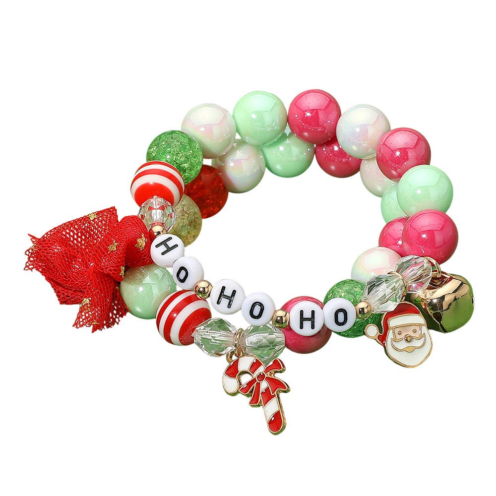 HO HO HO Candy Cane Santa Charm Bow Beaded Stretch Multi Layered Bracelets