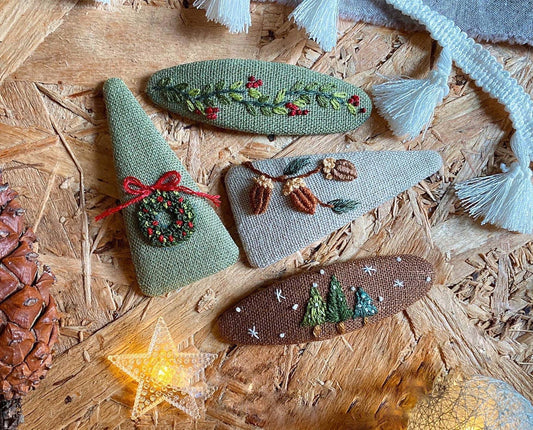Wreath & Nuts Embroidered Hair Barrette, Christmas & Autumn