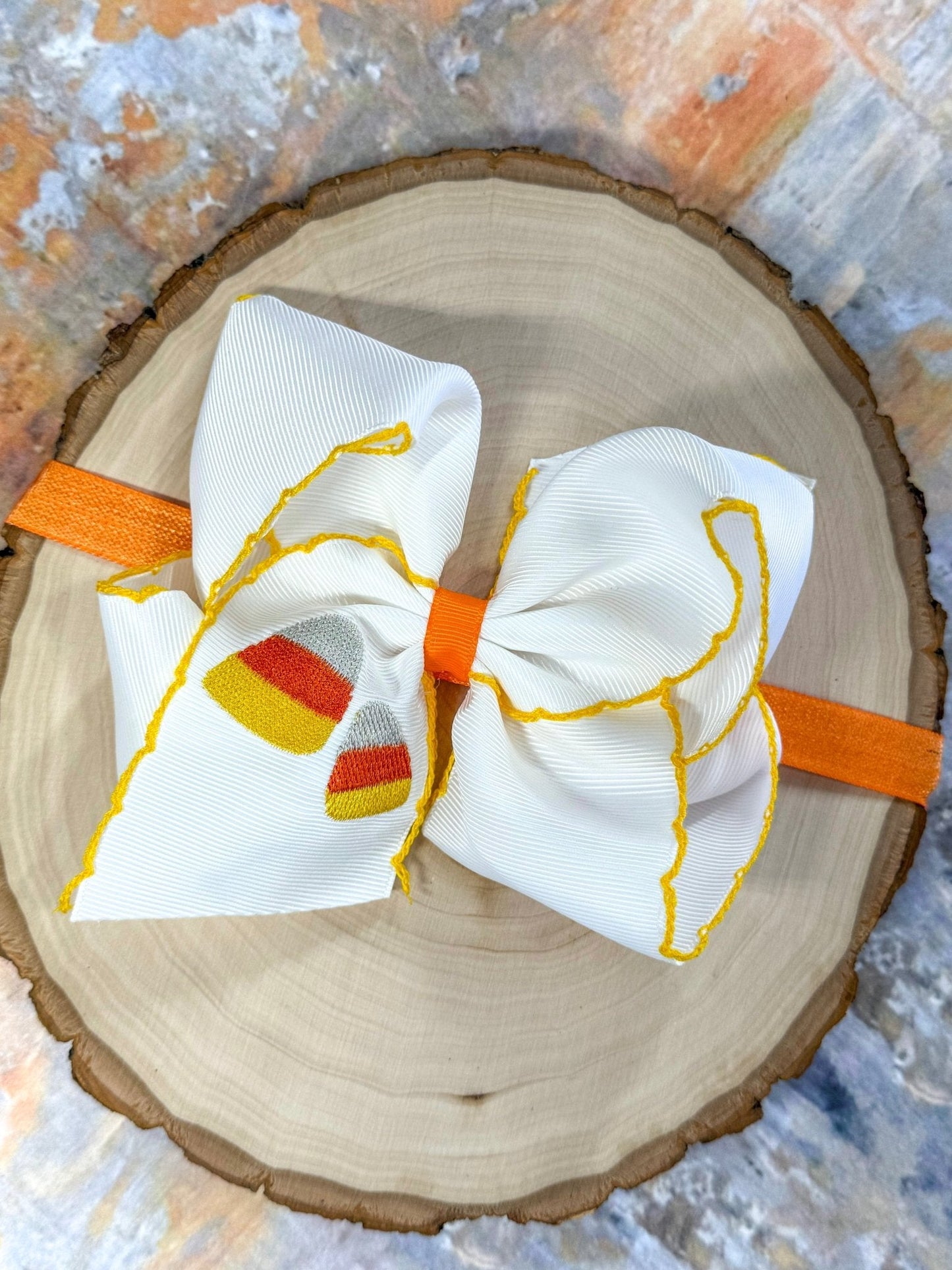 Candy Corn Embroidered Moonstitch Hair Bow | Clip or Headband