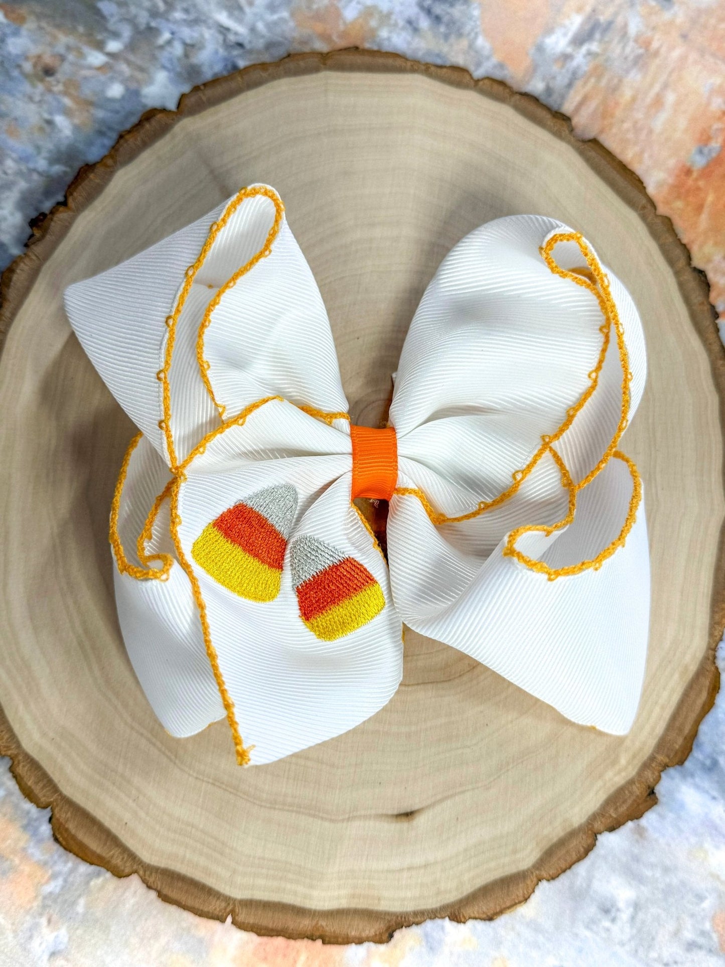 Candy Corn Embroidered Moonstitch Hair Bow | Clip or Headband
