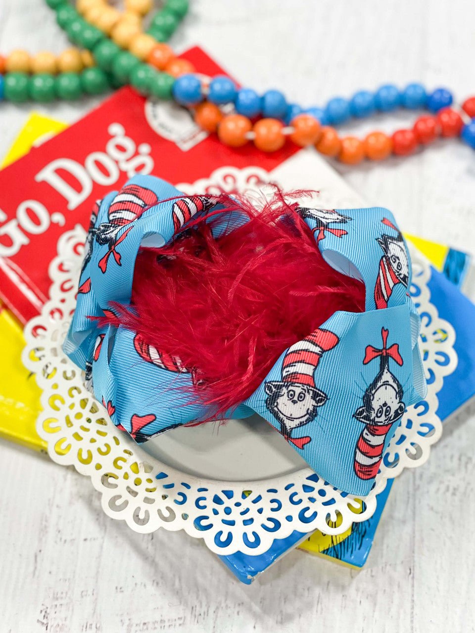 Cat In the Hat Feather Puff Hair Bow